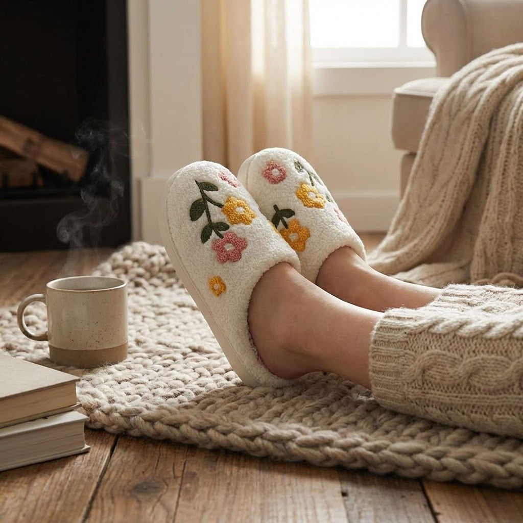 Anna-Kaci Women's Sherpa Lined Closed Toe Slippers with Floral Embroidery
