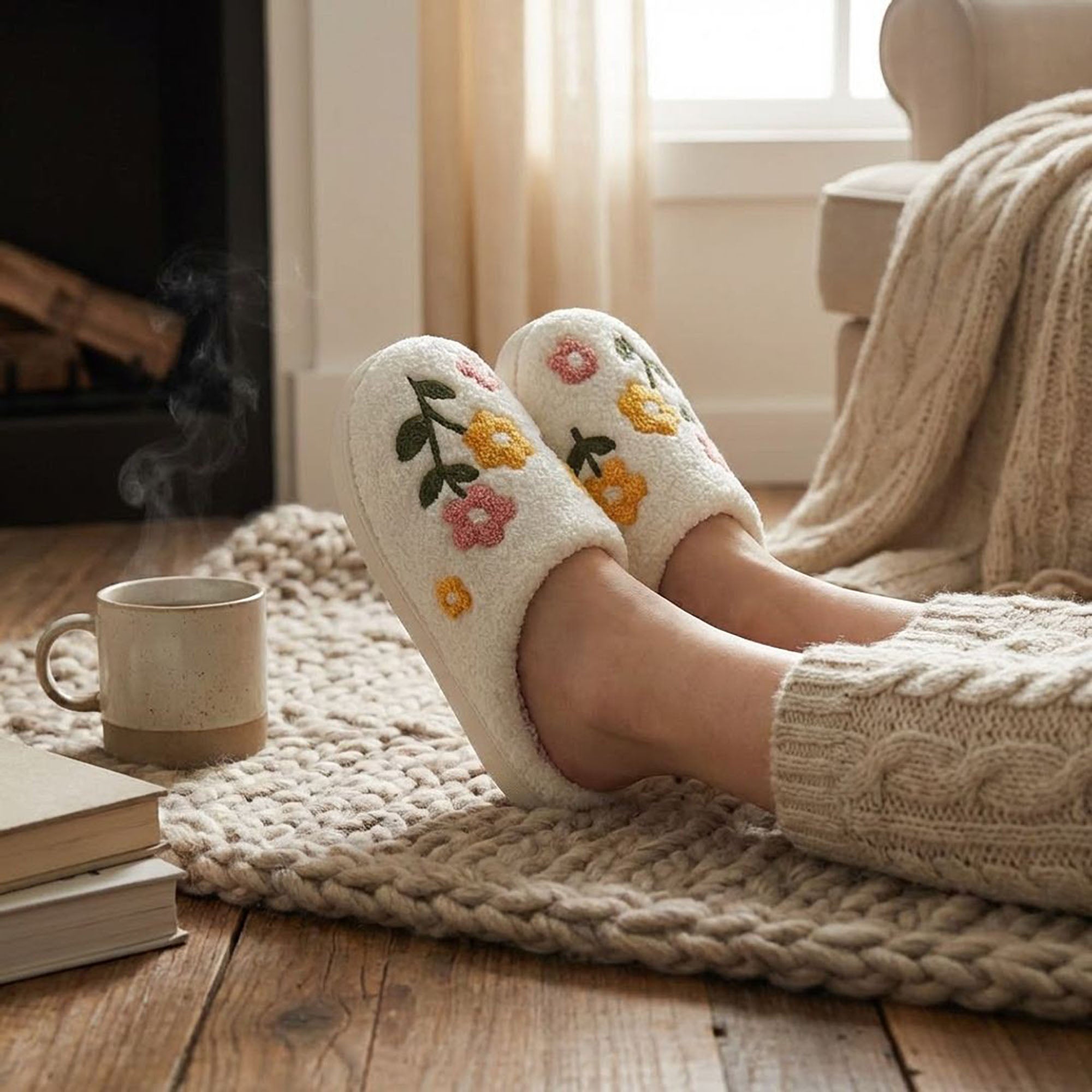 Anna-Kaci Women's Sherpa Lined Closed Toe Slippers with Floral Embroidery