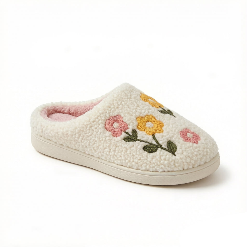 Anna-Kaci Women's Sherpa Lined Closed Toe Slippers with Floral Embroidery