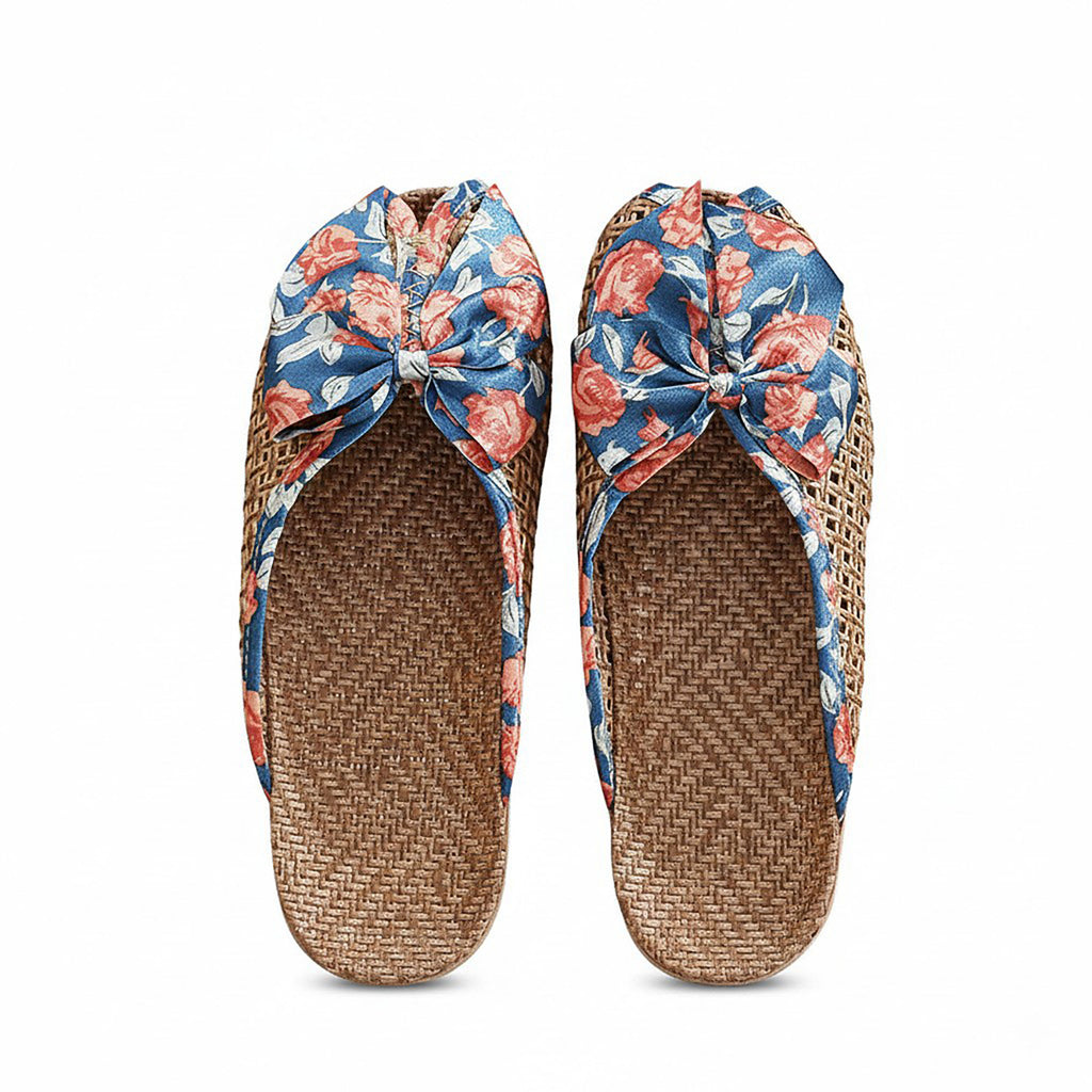 Anna-Kaci Women's Woven Indoor Slippers with Floral Bow Detail