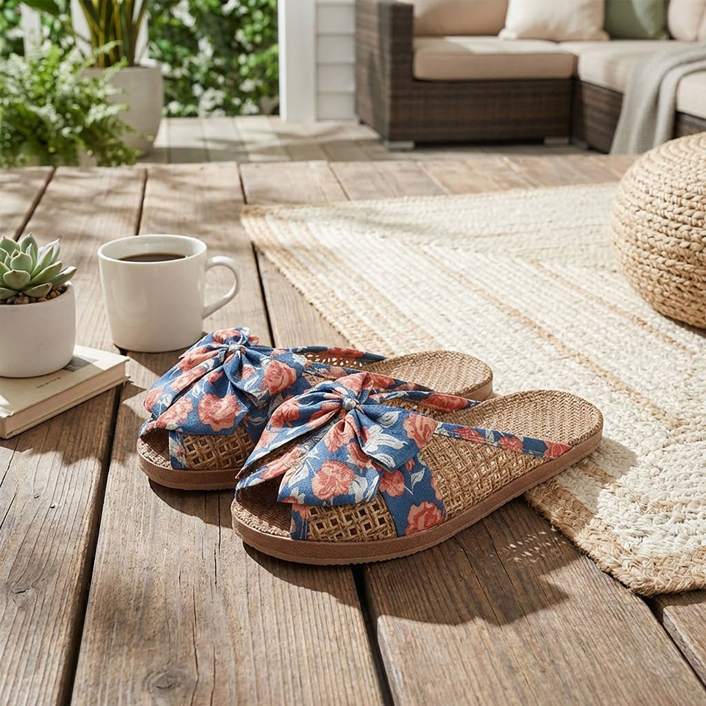 Anna-Kaci Women's Woven Indoor Slippers with Floral Bow Detail
