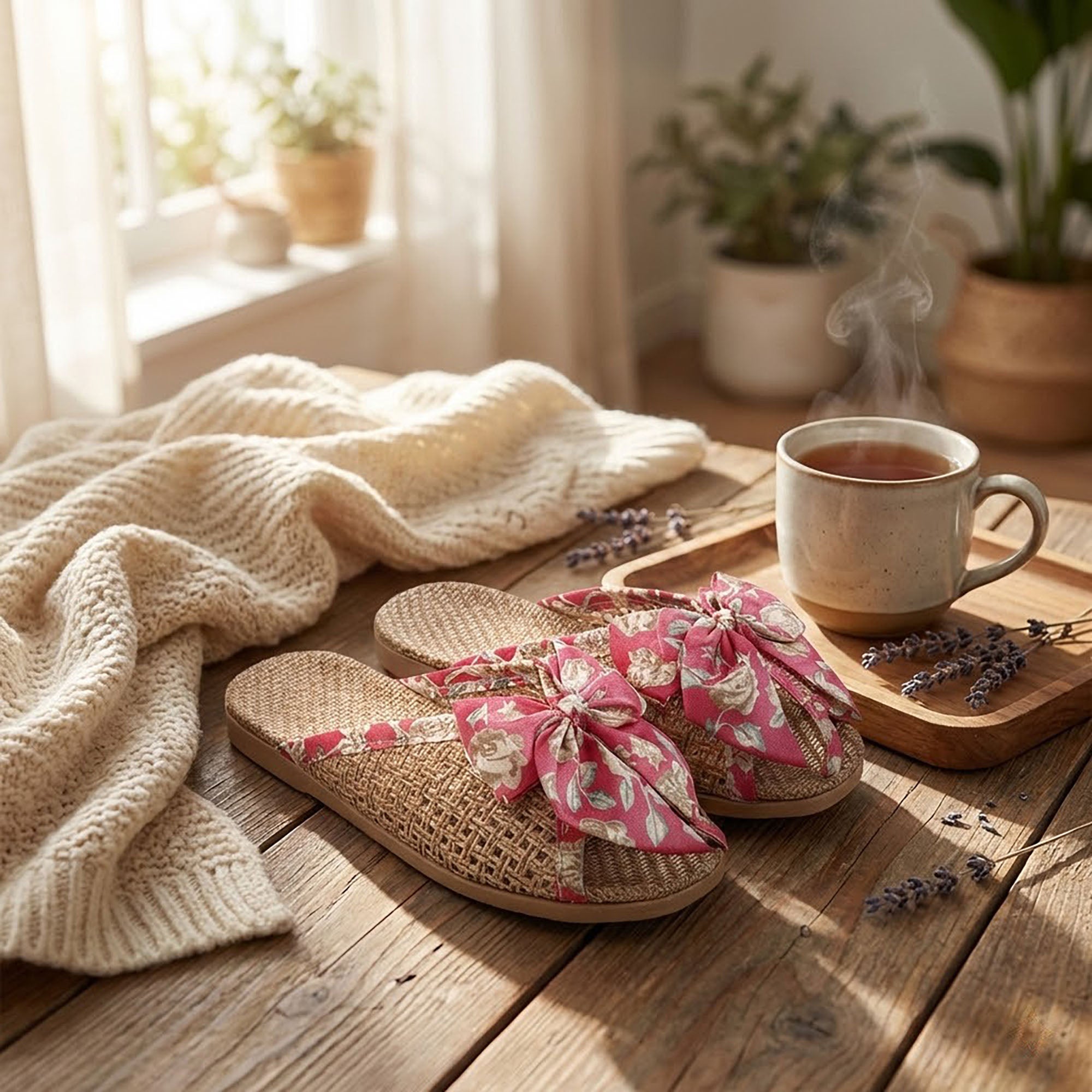 Anna-Kaci Women's Woven Indoor Slippers with Floral Bow Detail