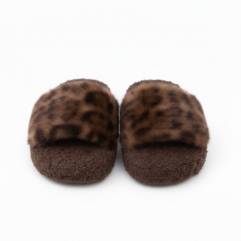 Anna-Kaci Women's Leopard Faux Fur Slide Slippers with Plush Footbed