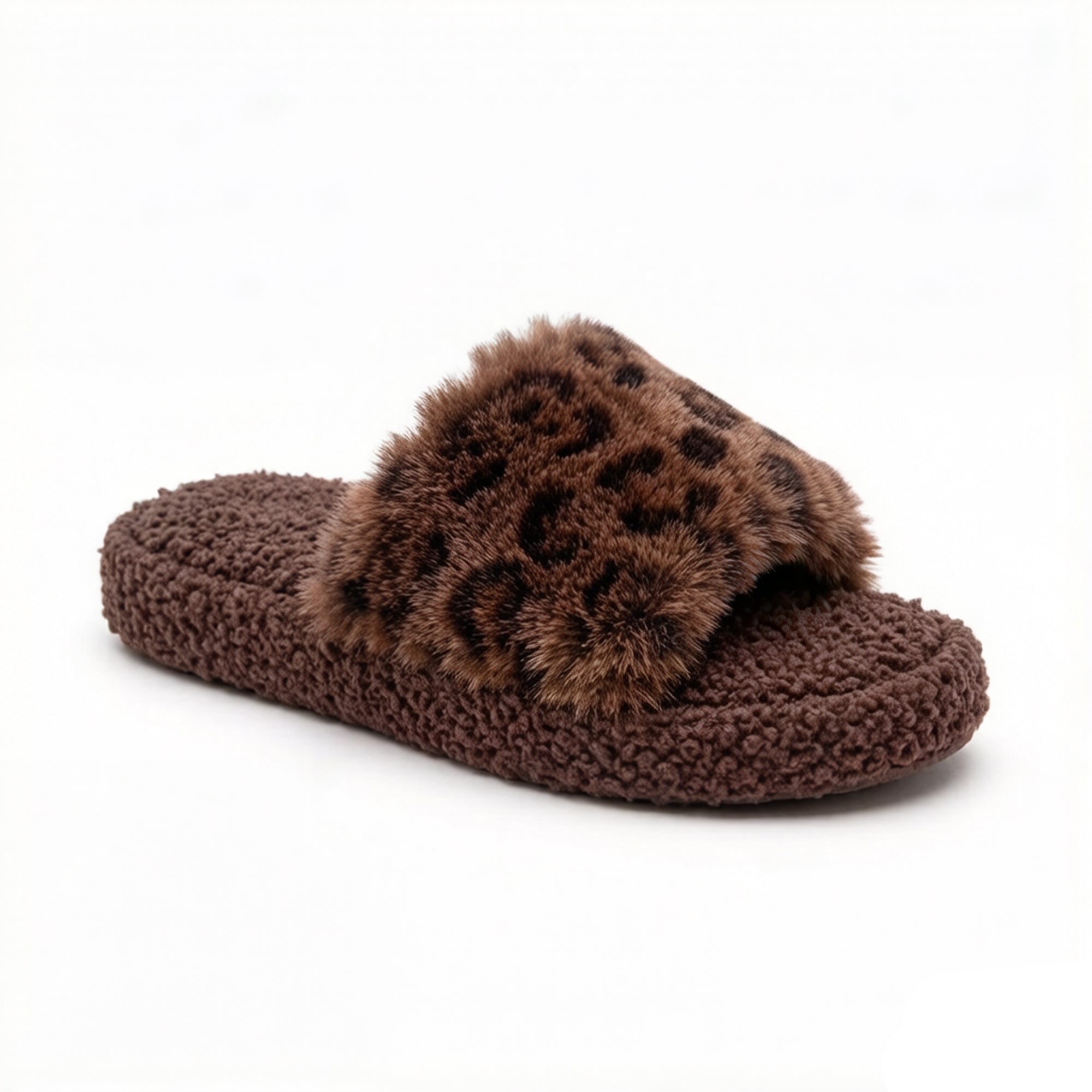 Anna-Kaci Women's Leopard Faux Fur Slide Slippers with Plush Footbed