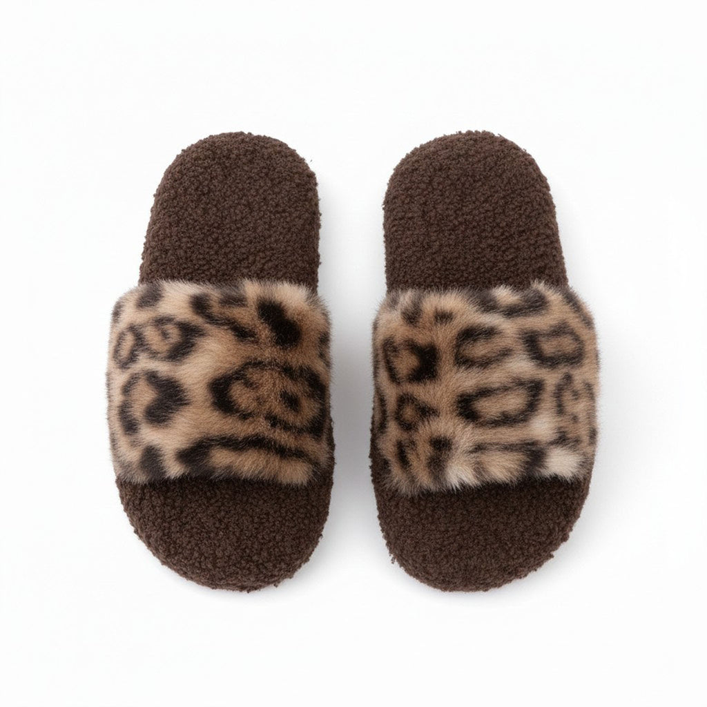 Anna-Kaci Women's Leopard Faux Fur Slide Slippers with Plush Footbed