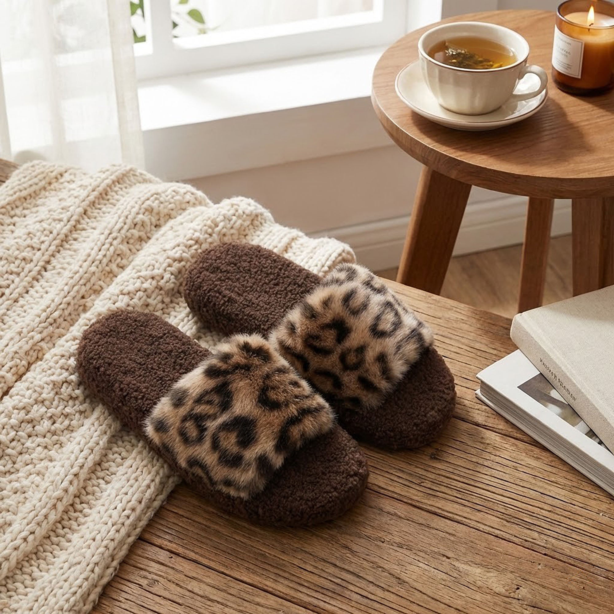 Anna-Kaci Women's Leopard Faux Fur Slide Slippers with Plush Footbed