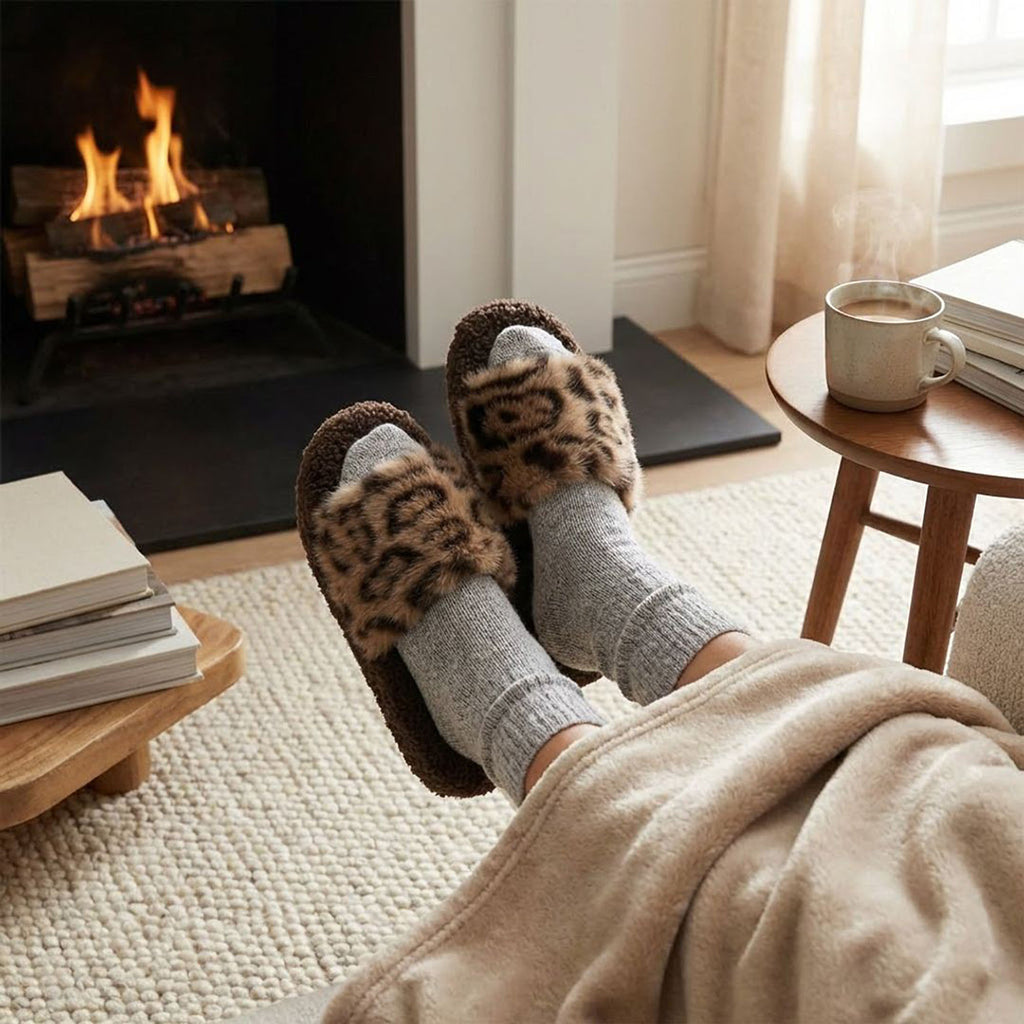 Anna-Kaci Women's Leopard Faux Fur Slide Slippers with Plush Footbed