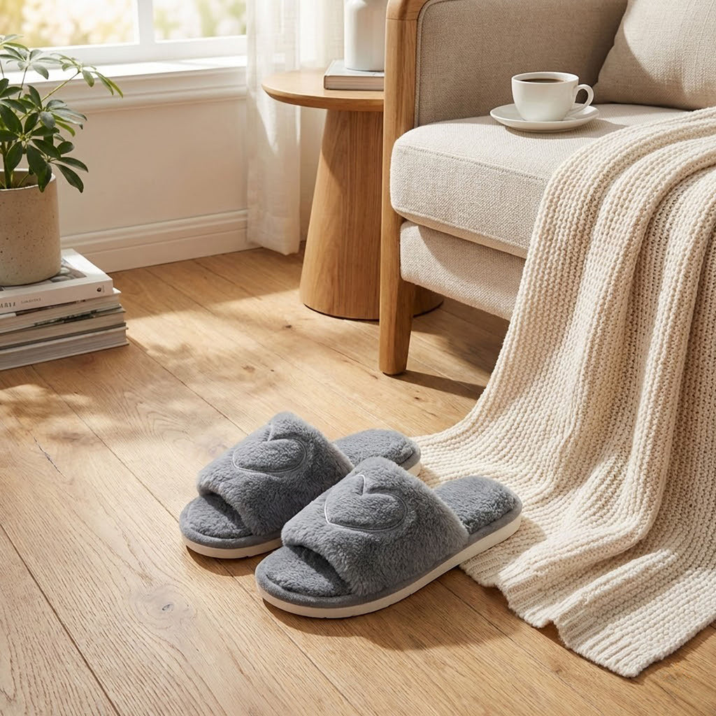 Anna-Kaci Women's Plush Heart Detail Slide Slippers with Cushioned Sole