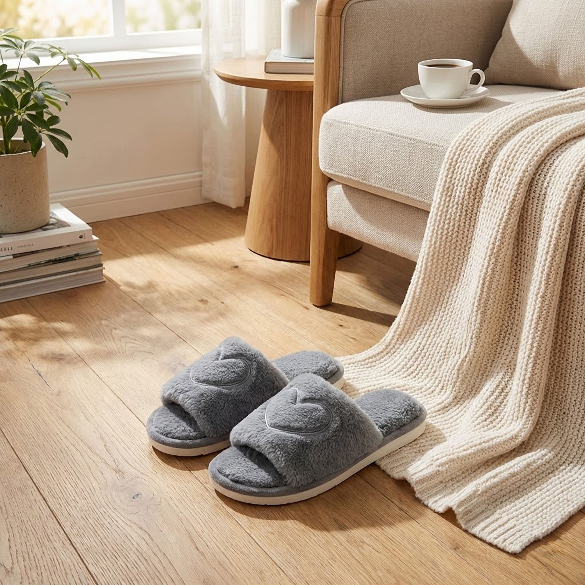 Anna-Kaci Women's Plush Heart Detail Slide Slippers with Cushioned Sole