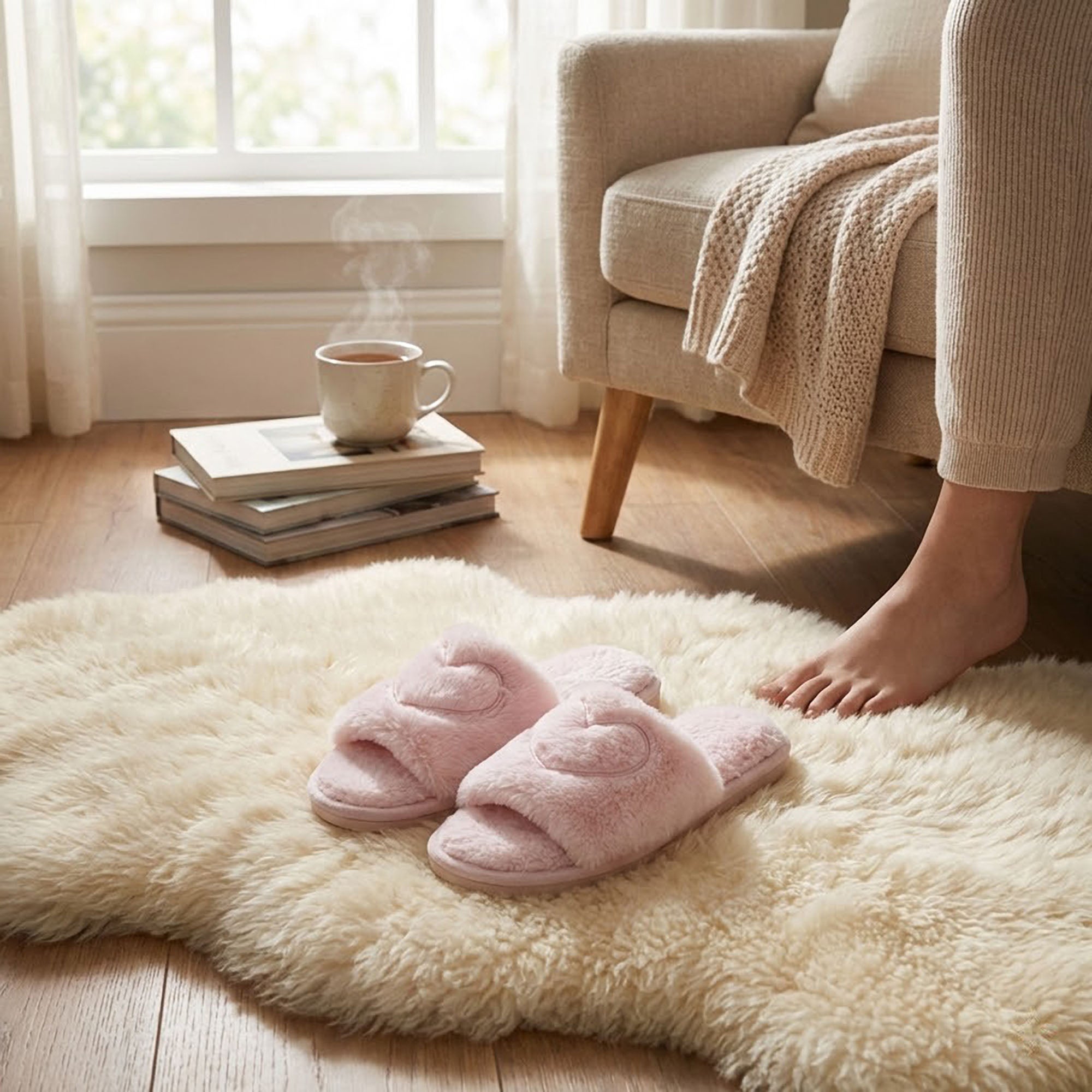 Anna-Kaci Women's Plush Heart Detail Slide Slippers with Cushioned Sole