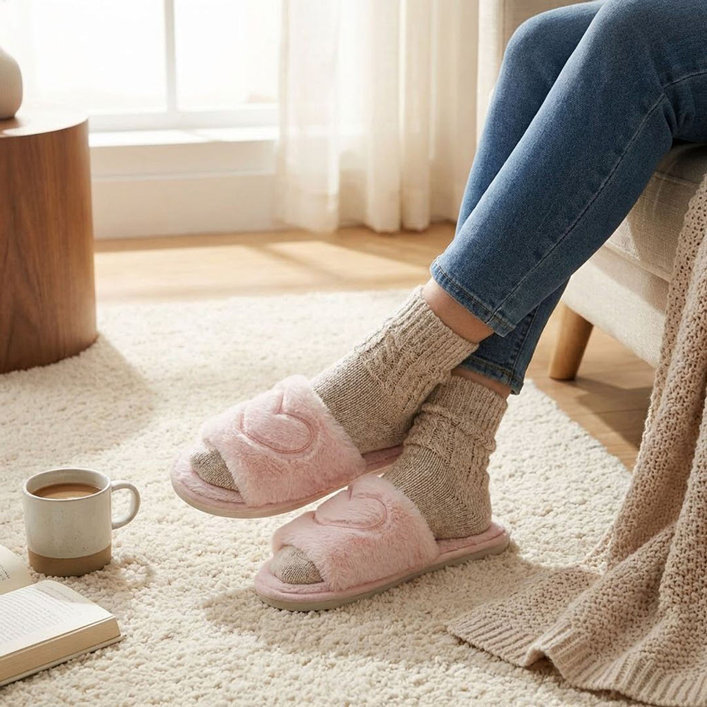 Anna-Kaci Women's Plush Heart Detail Slide Slippers with Cushioned Sole