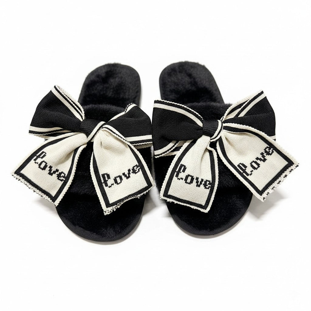 Anna-Kaci Women's Plush Slide Slippers with Bow and Graphic Detail