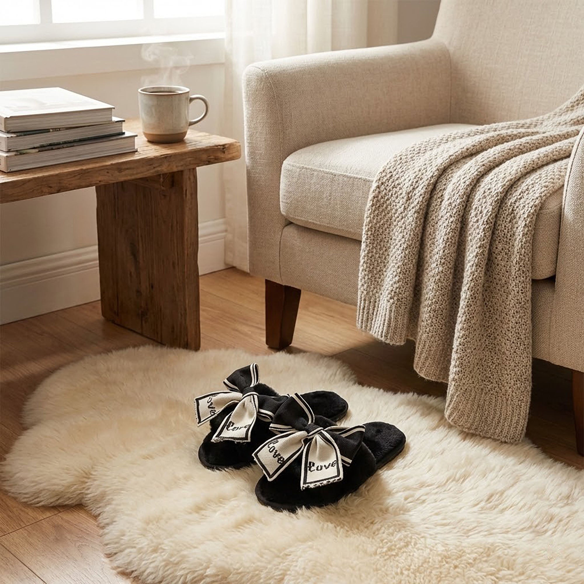 Anna-Kaci Women's Plush Slide Slippers with Bow and Graphic Detail