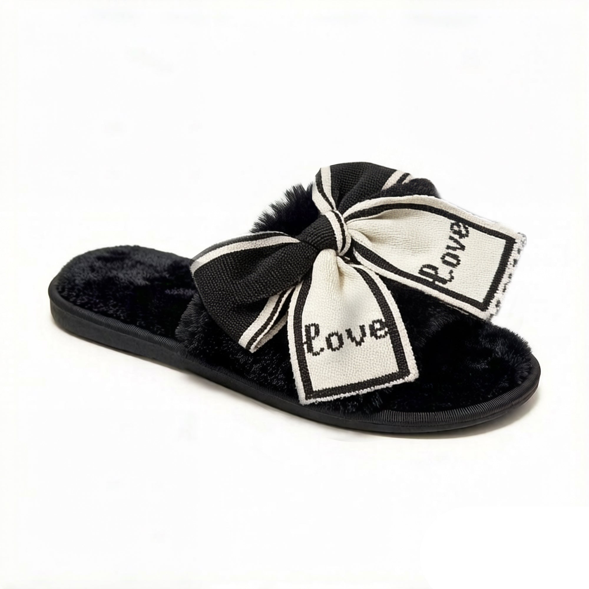 Anna-Kaci Women's Plush Slide Slippers with Bow and Graphic Detail