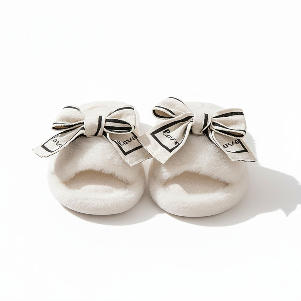 Anna-Kaci Women's Plush Slide Slippers with Bow and Graphic Detail