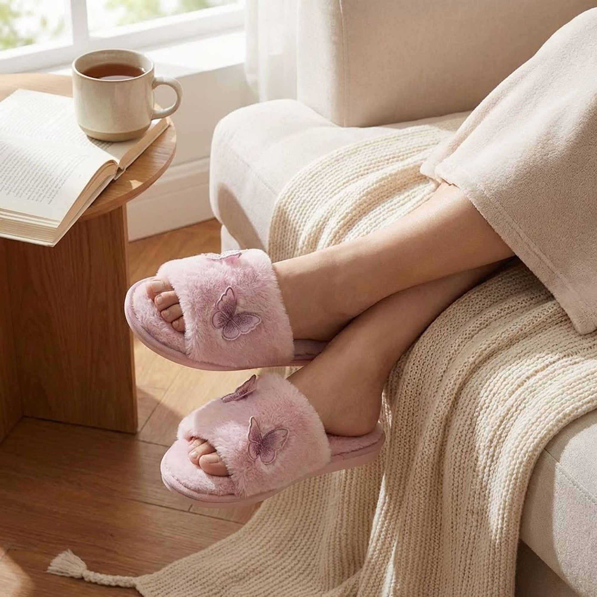 Anna-Kaci Women's Plush Slide Slippers with Embroidered Butterfly Detail