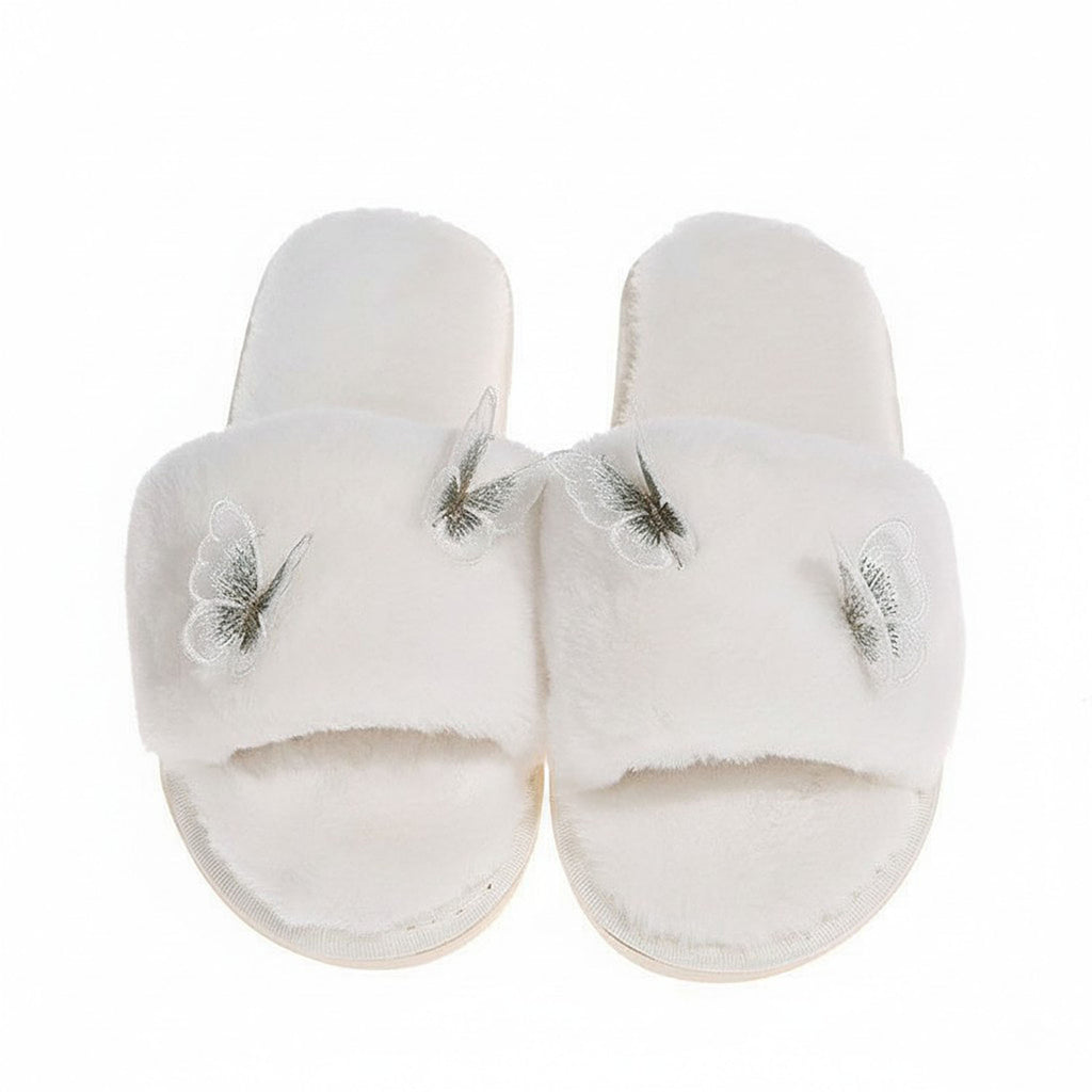 Anna-Kaci Women's Plush Slide Slippers with Embroidered Butterfly Detail