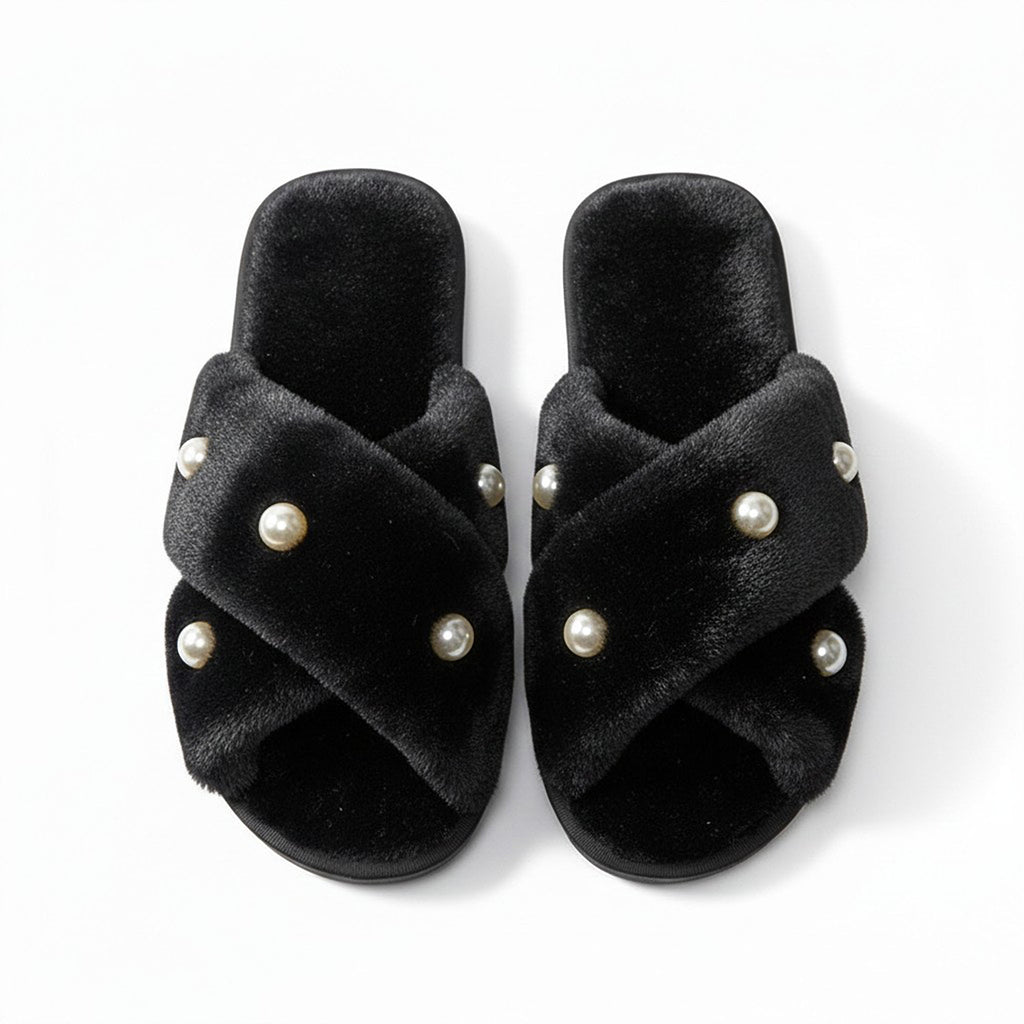 Anna-Kaci Women's Plush Slide Slippers with Pearl Embellishment Detail
