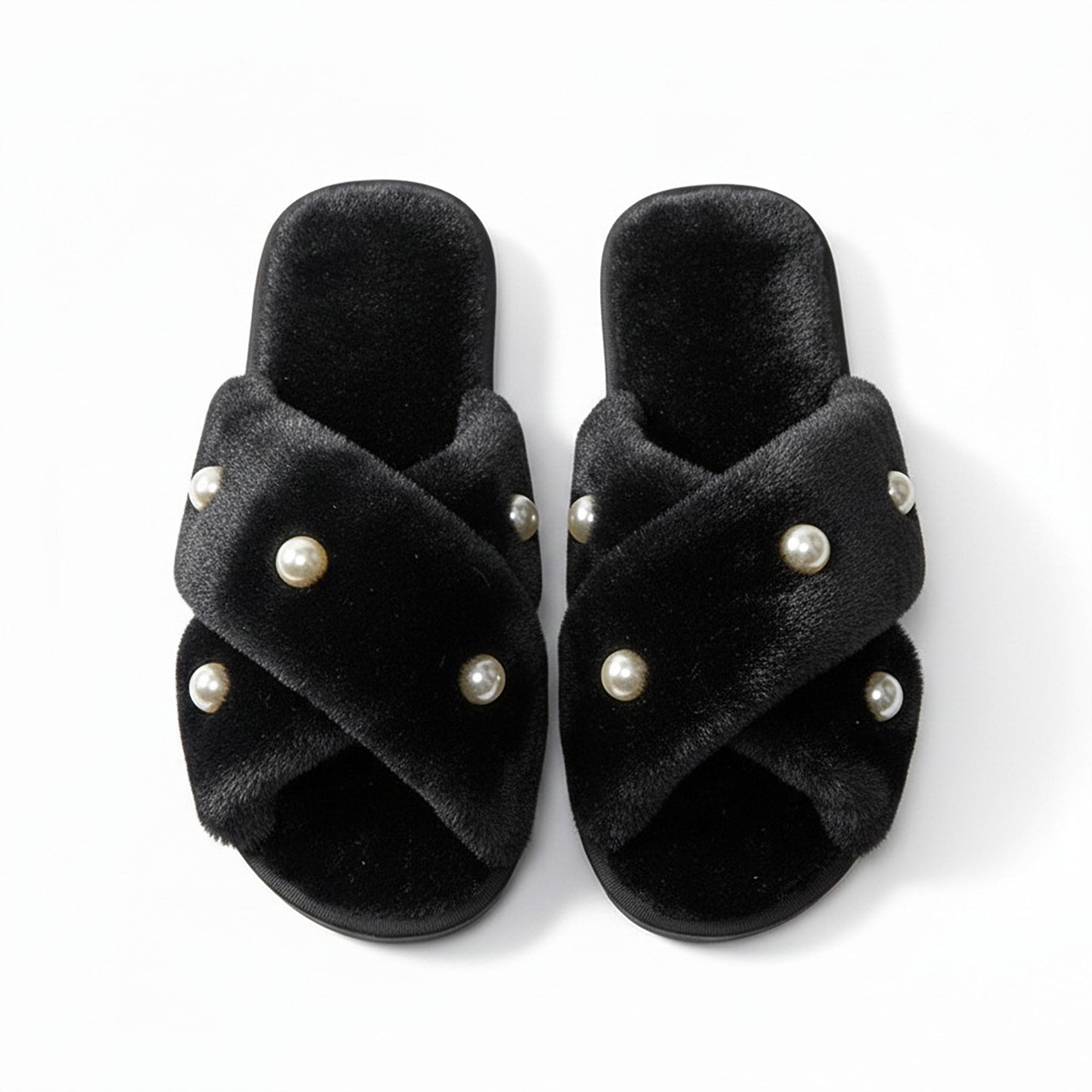 Anna-Kaci Women's Plush Slide Slippers with Pearl Embellishment Detail