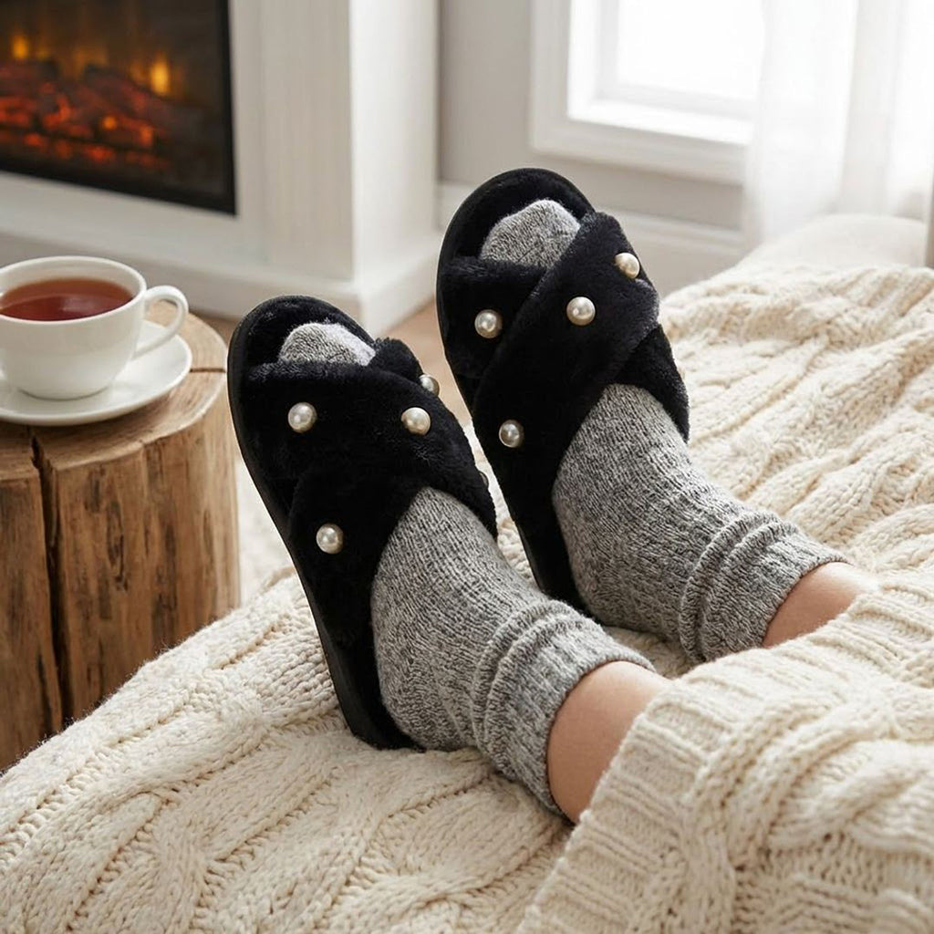 Anna-Kaci Women's Plush Slide Slippers with Pearl Embellishment Detail