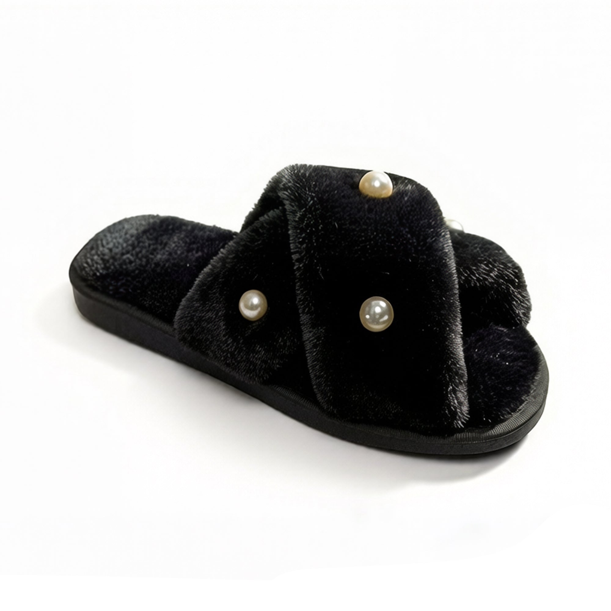 Anna-Kaci Women's Plush Slide Slippers with Pearl Embellishment Detail