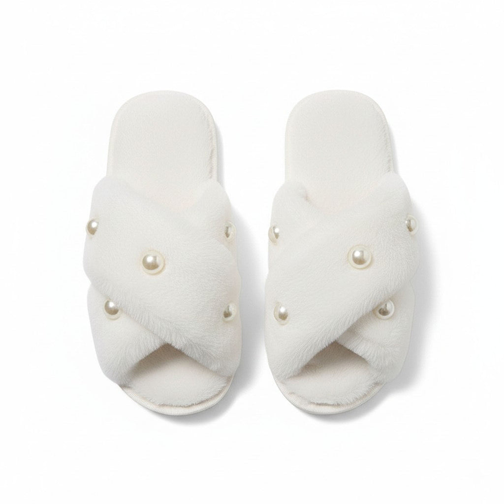 Anna-Kaci Women's Plush Slide Slippers with Pearl Embellishment Detail