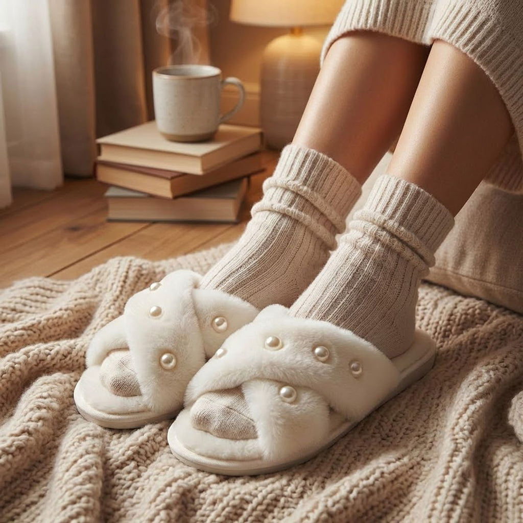 Anna-Kaci Women's Plush Slide Slippers with Pearl Embellishment Detail