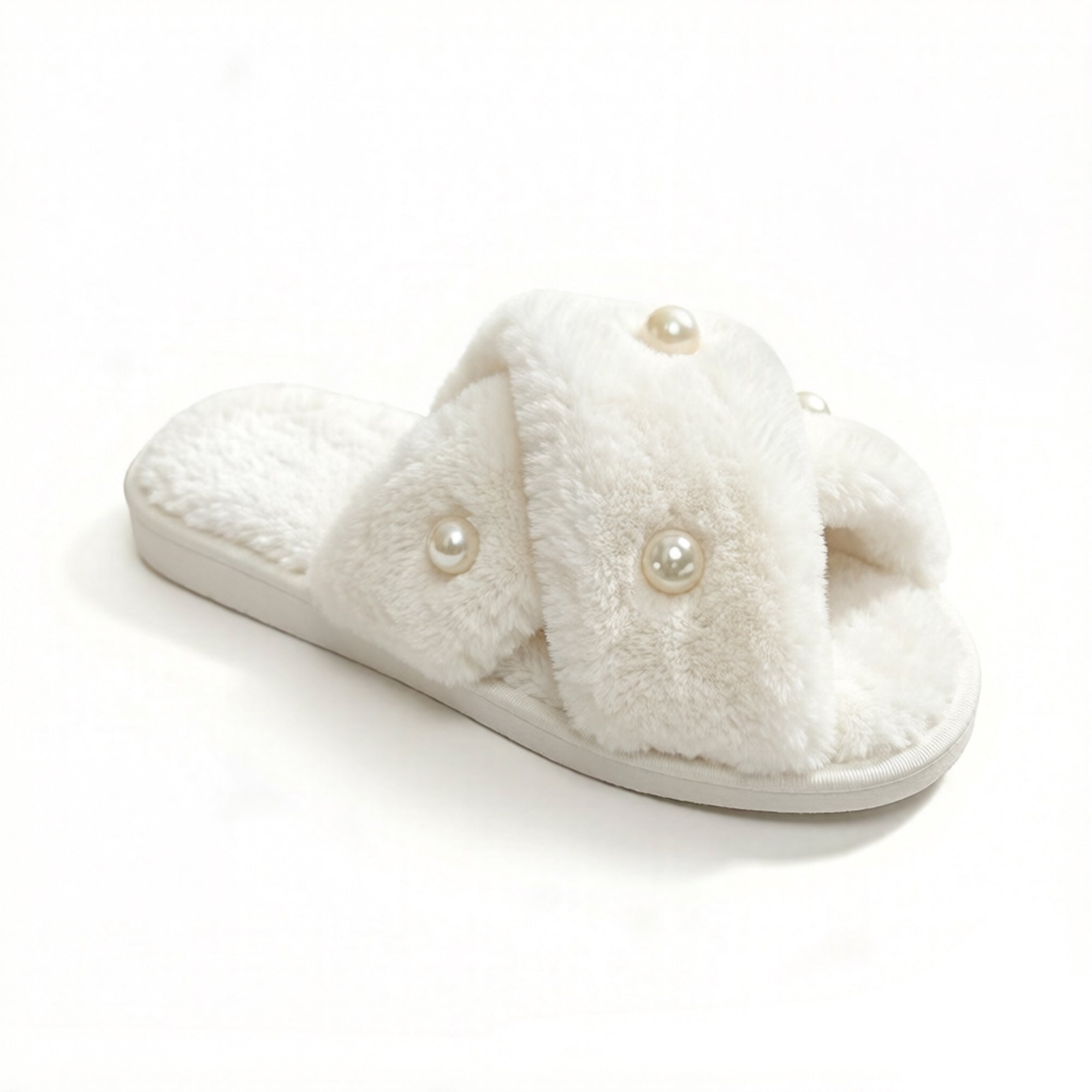 Anna-Kaci Women's Plush Slide Slippers with Pearl Embellishment Detail