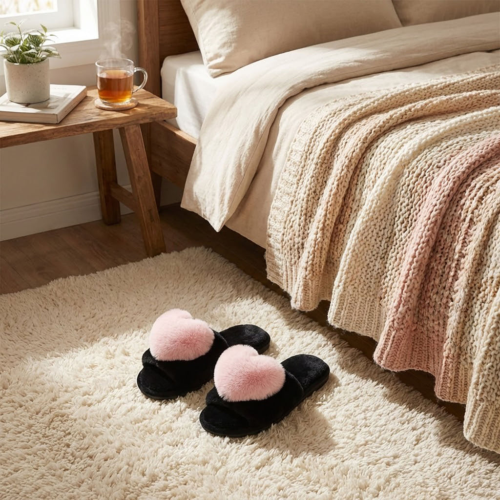 Anna-Kaci Women's Plush Slide Slippers with Faux Fur Pom Detail