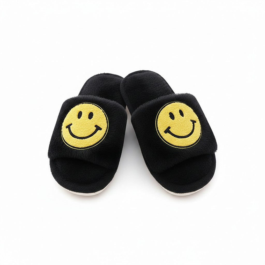 Anna-Kaci Women's Plush Slide Slippers with Smiley Graphic Detail