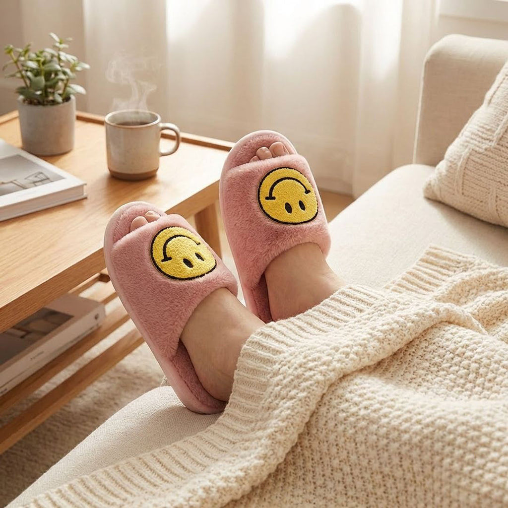 Anna-Kaci Women's Plush Slide Slippers with Smiley Graphic Detail