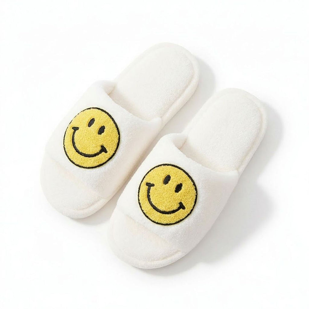 Anna-Kaci Women's Plush Slide Slippers with Smiley Graphic Detail