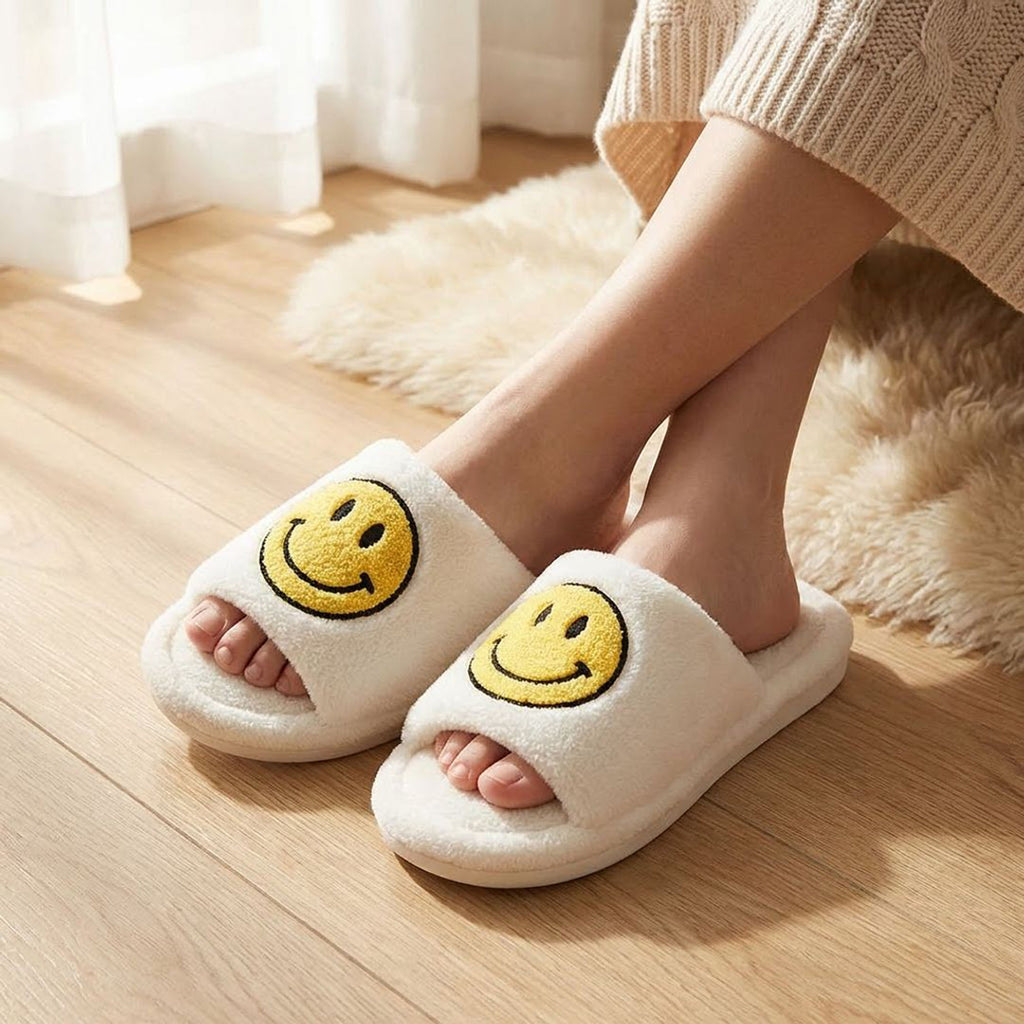 Anna-Kaci Women's Plush Slide Slippers with Smiley Graphic Detail