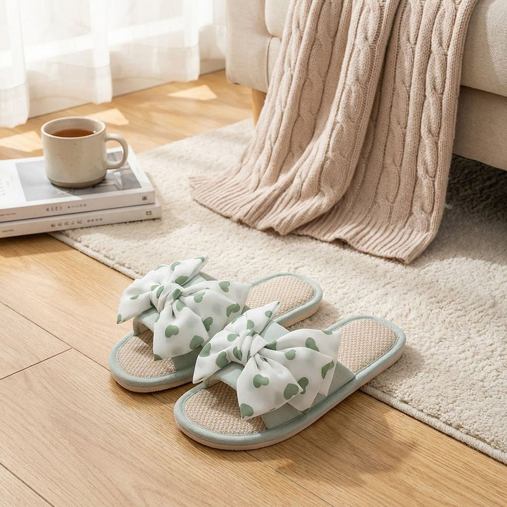 Anna-Kaci Women's Indoor Slide Slippers with Heart Print Bow Detail