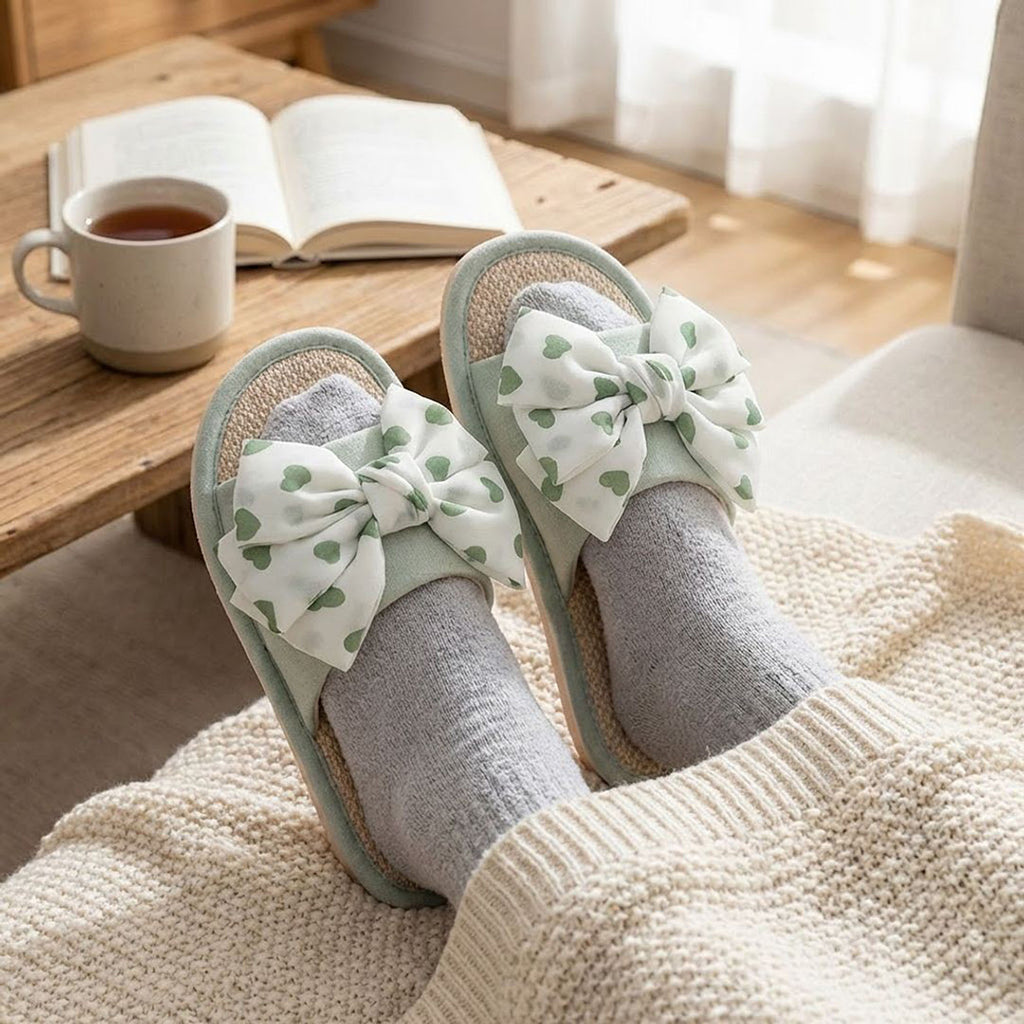 Anna-Kaci Women's Indoor Slide Slippers with Heart Print Bow Detail