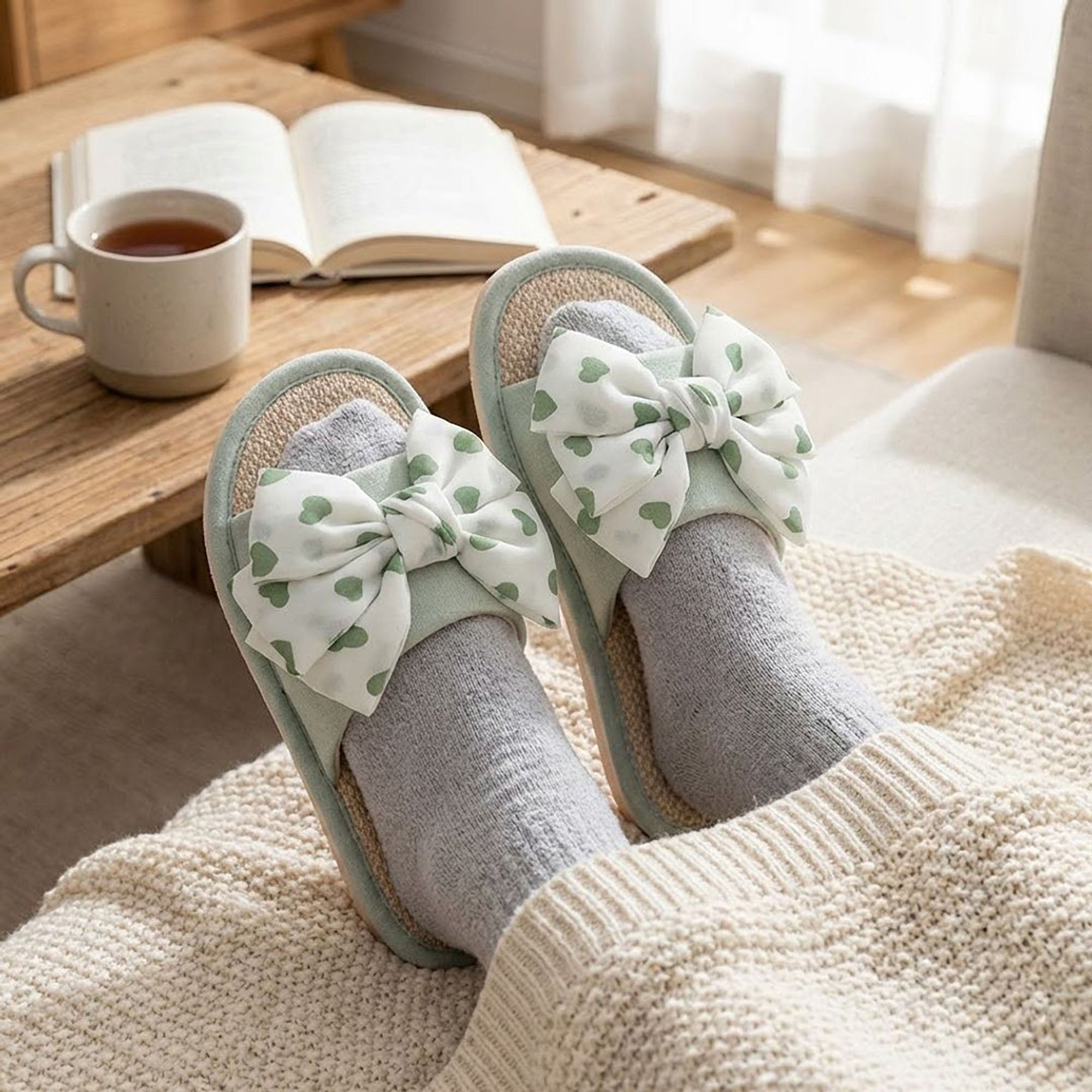 Anna-Kaci Women's Indoor Slide Slippers with Heart Print Bow Detail