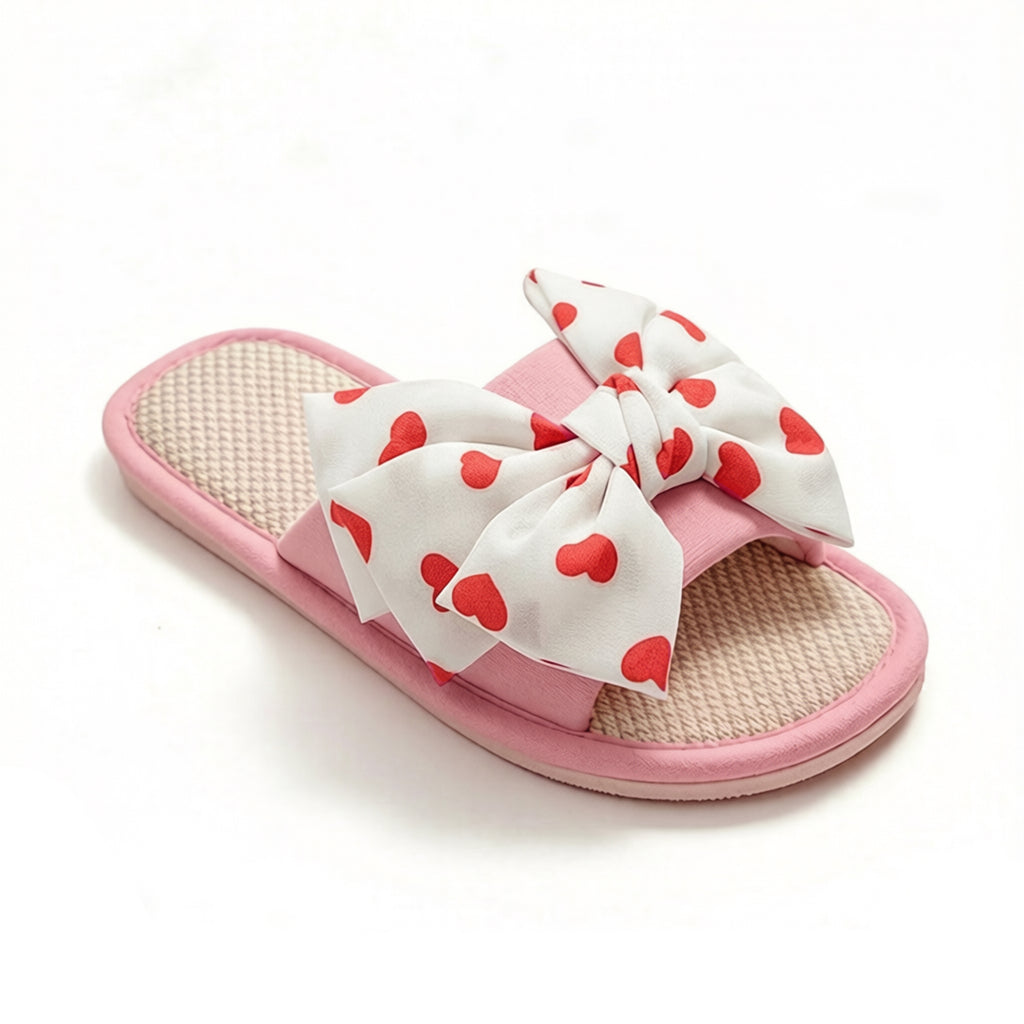 Anna-Kaci Women's Indoor Slide Slippers with Heart Print Bow Detail