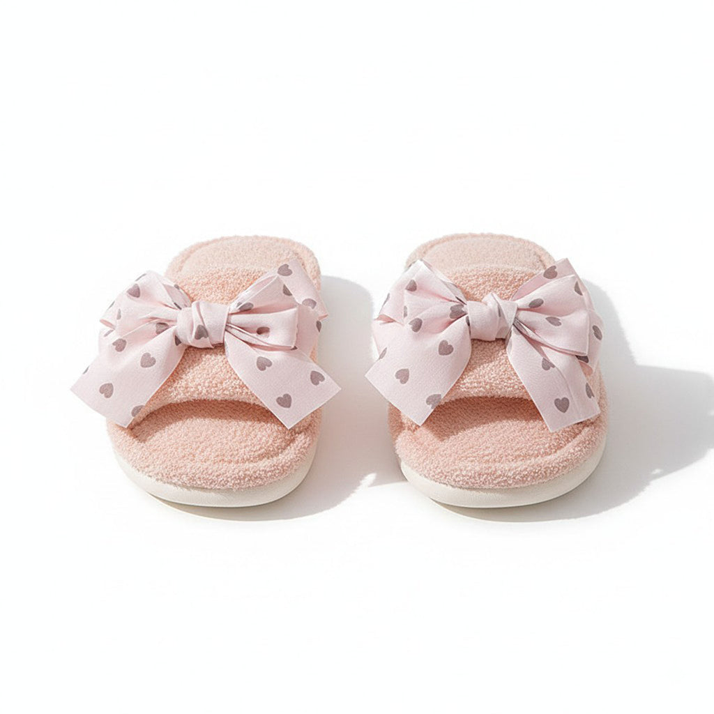 Anna-Kaci Women's Plush Indoor Slide Slippers with Heart Bow Detail