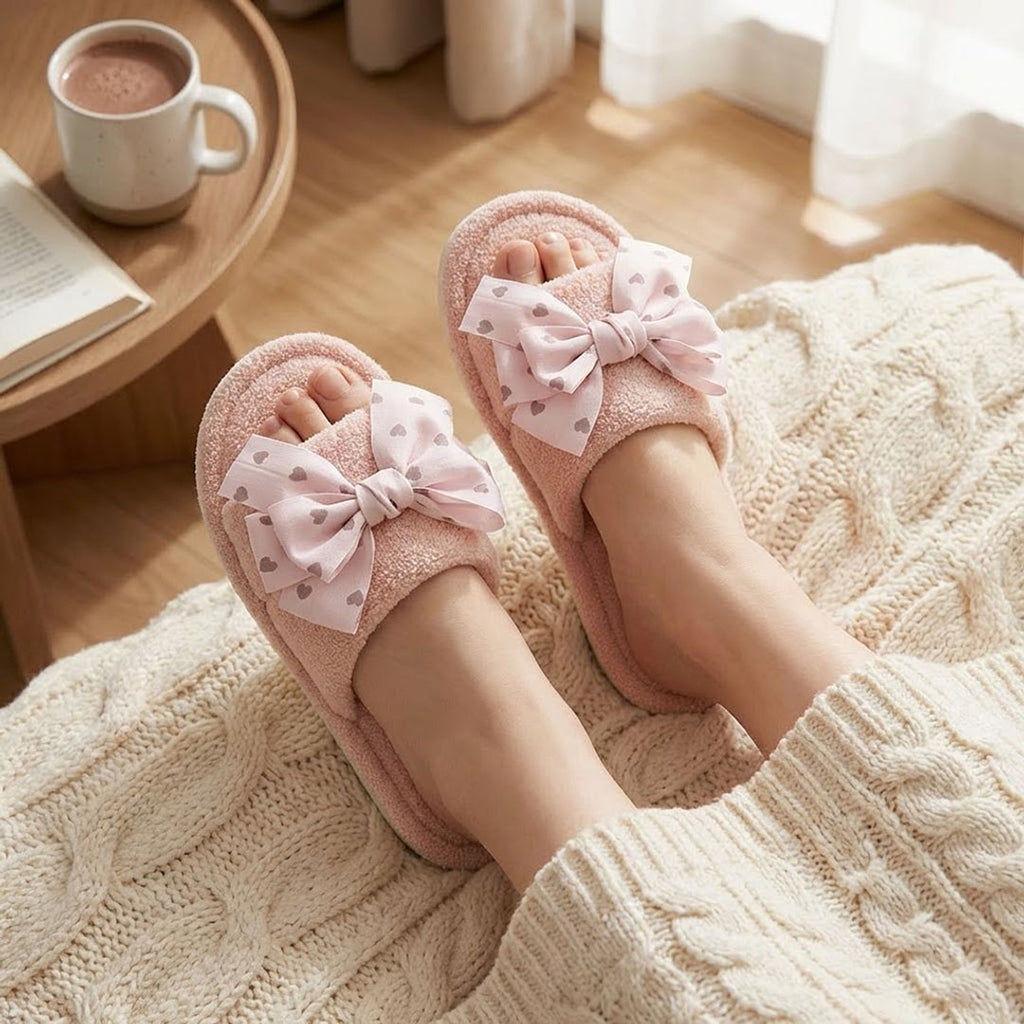 Anna-Kaci Women's Plush Indoor Slide Slippers with Heart Bow Detail