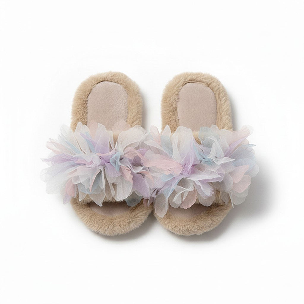 Anna-Kaci Women's Plush Indoor Slide Slippers with Floral Mesh Detail