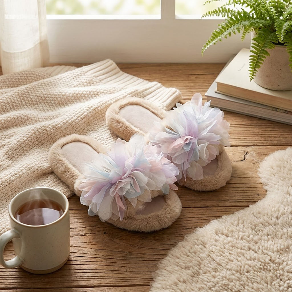 Anna-Kaci Women's Plush Indoor Slide Slippers with Floral Mesh Detail