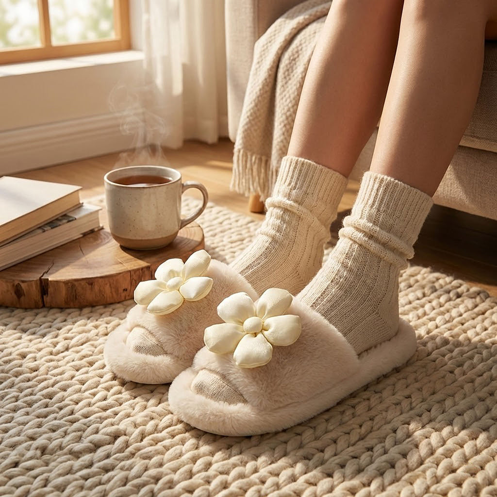 Anna-Kaci Women's Plush Indoor Slide Slippers with 3D Floral Detail and Cushioned Sole Design
