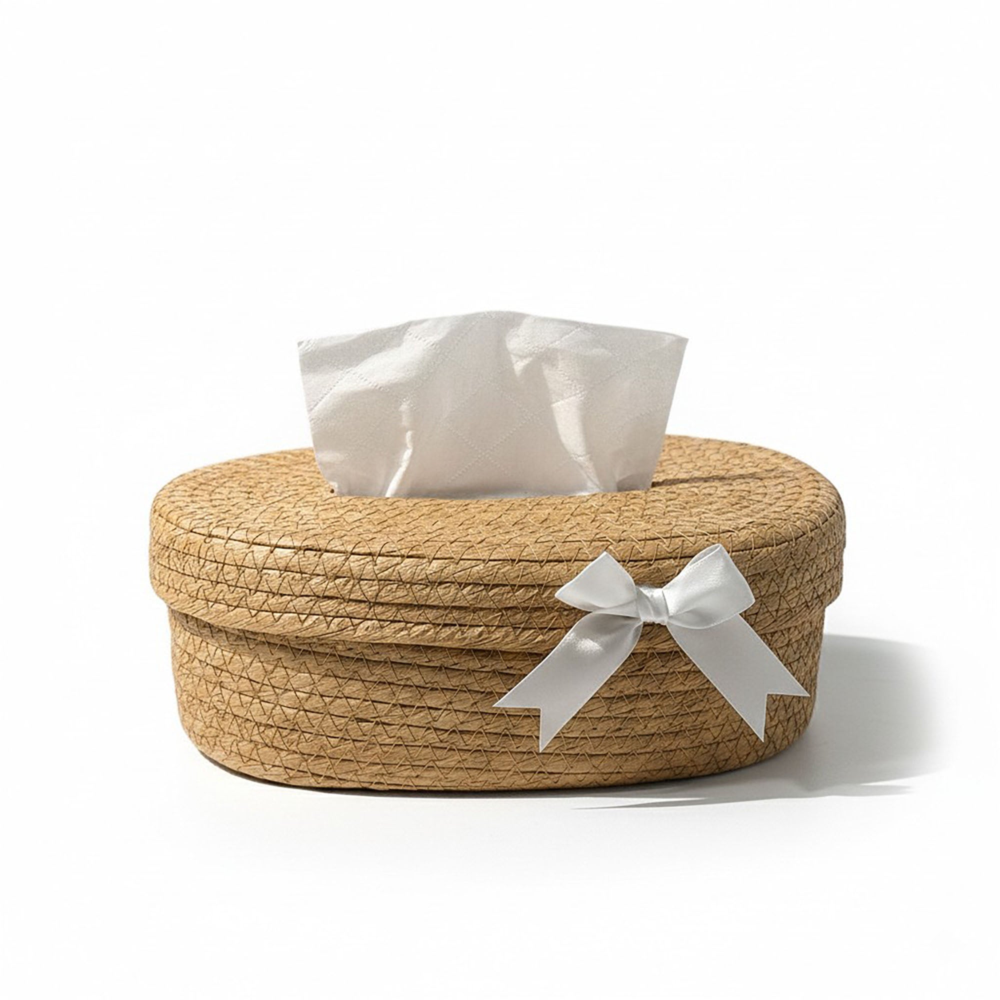 Anna-Kaci Oval Storage Basket with Lid Tissue Opening Decorative Rope Design and Bow Accent