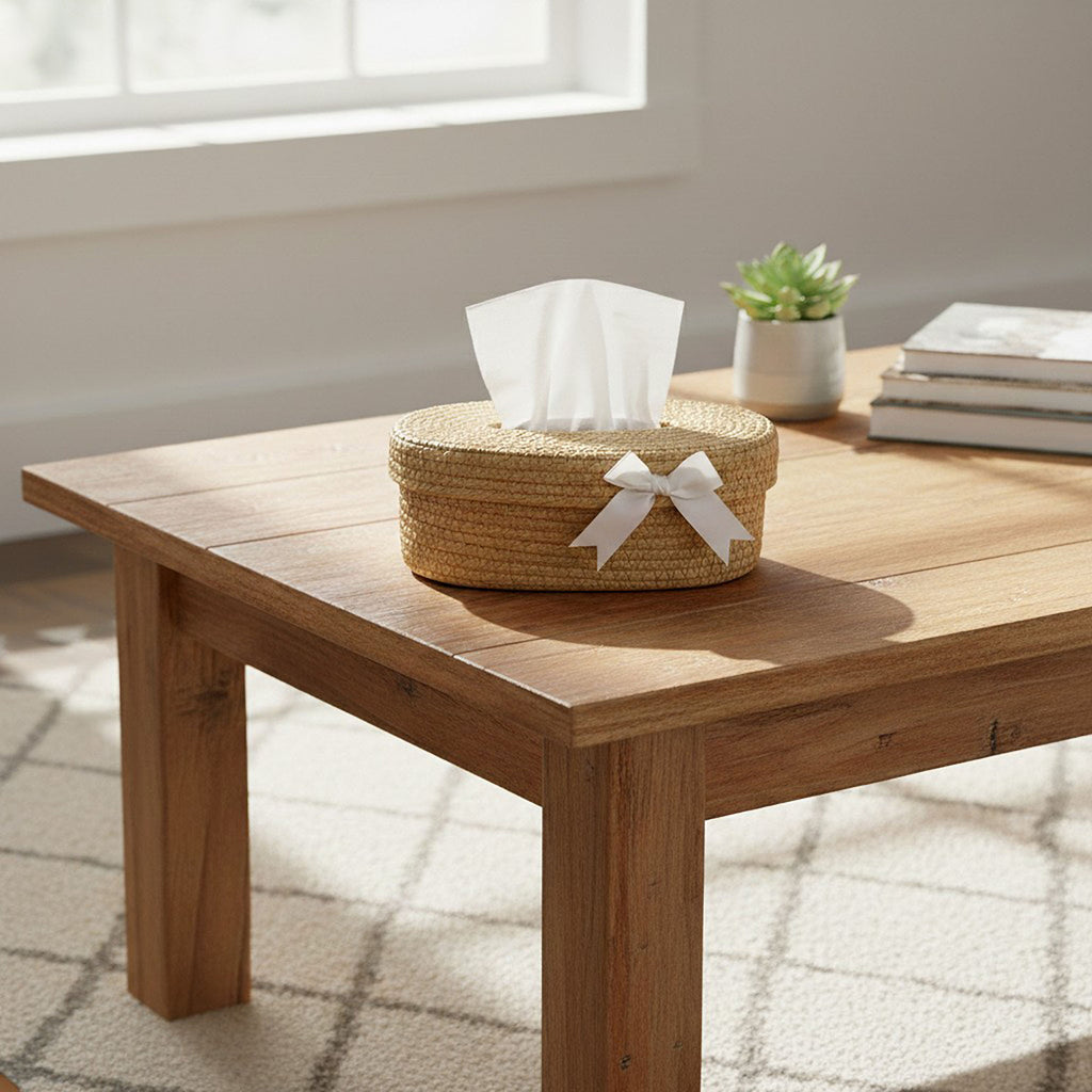Anna-Kaci Oval Storage Basket with Lid Tissue Opening Decorative Rope Design and Bow Accent