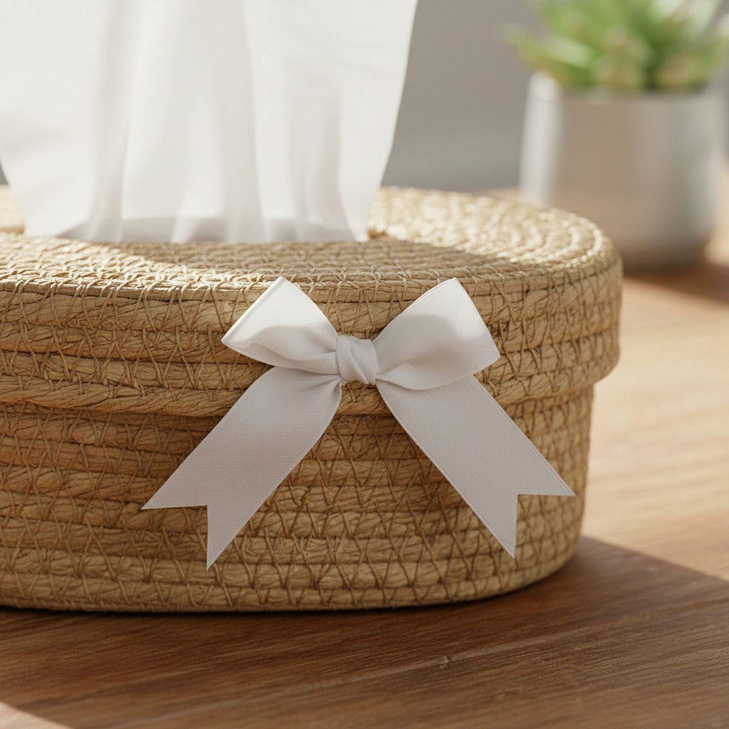 Anna-Kaci Oval Storage Basket with Lid Tissue Opening Decorative Rope Design and Bow Accent