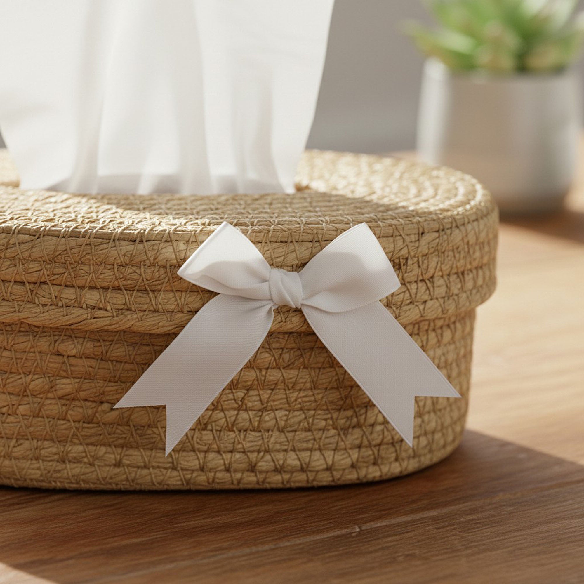 Anna-Kaci Oval Storage Basket with Lid Tissue Opening Decorative Rope Design and Bow Accent
