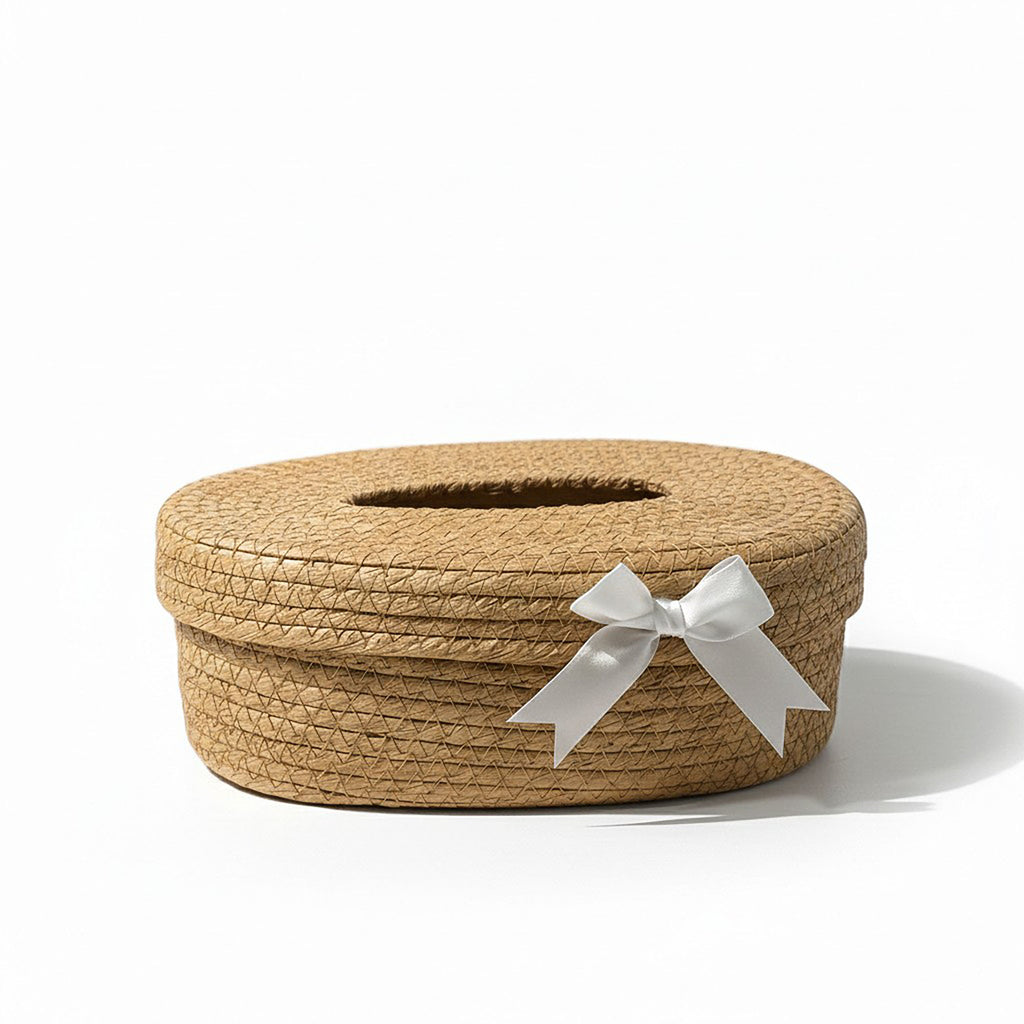 Anna-Kaci Oval Storage Basket with Lid Tissue Opening Decorative Rope Design and Bow Accent