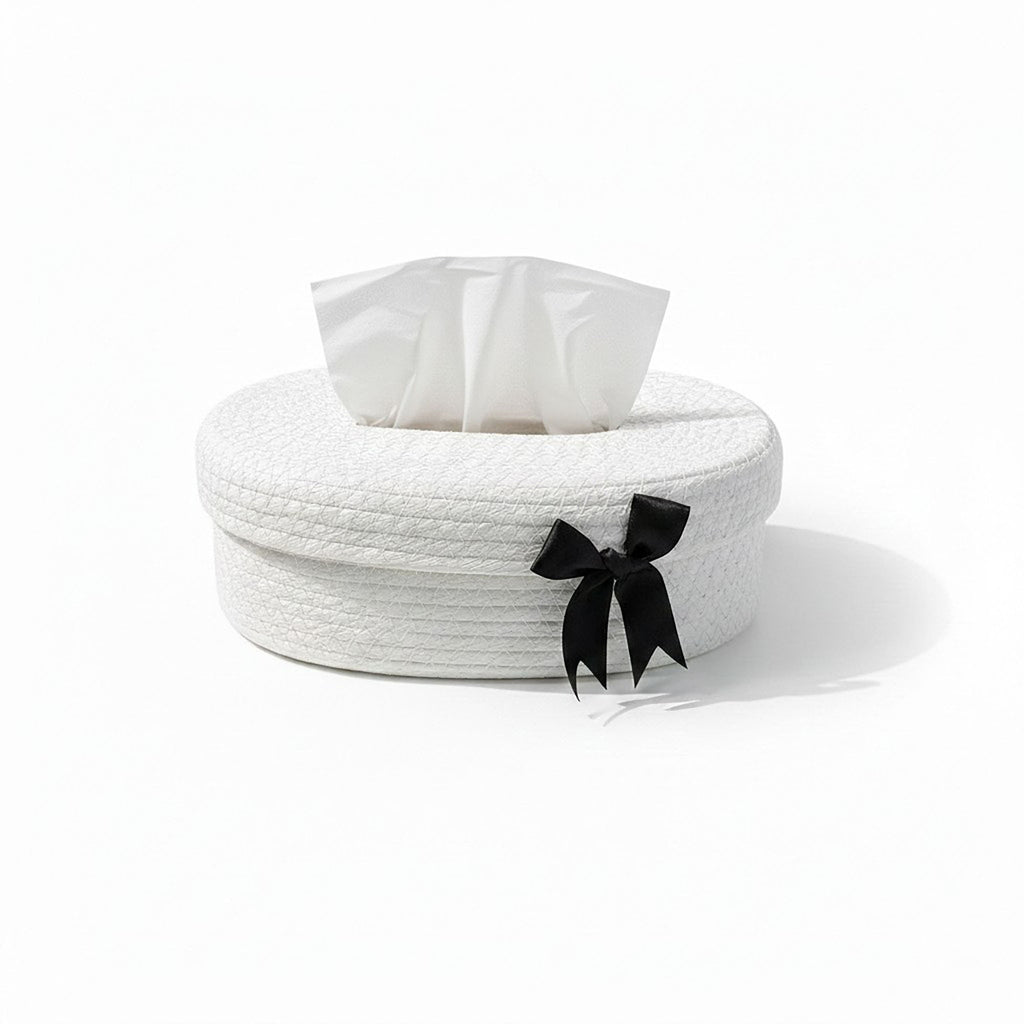 Anna-Kaci Oval Storage Basket with Lid Tissue Opening Decorative Rope Design and Bow Accent