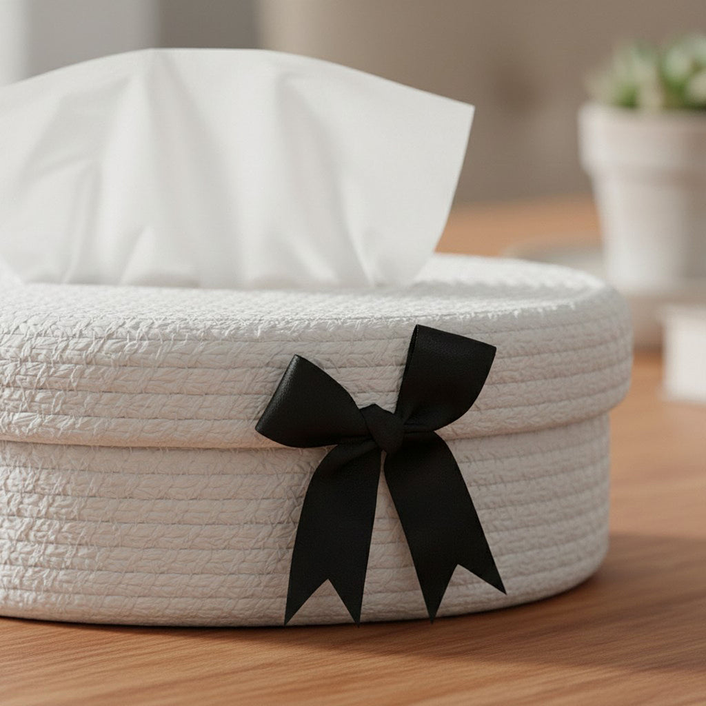 Anna-Kaci Oval Storage Basket with Lid Tissue Opening Decorative Rope Design and Bow Accent