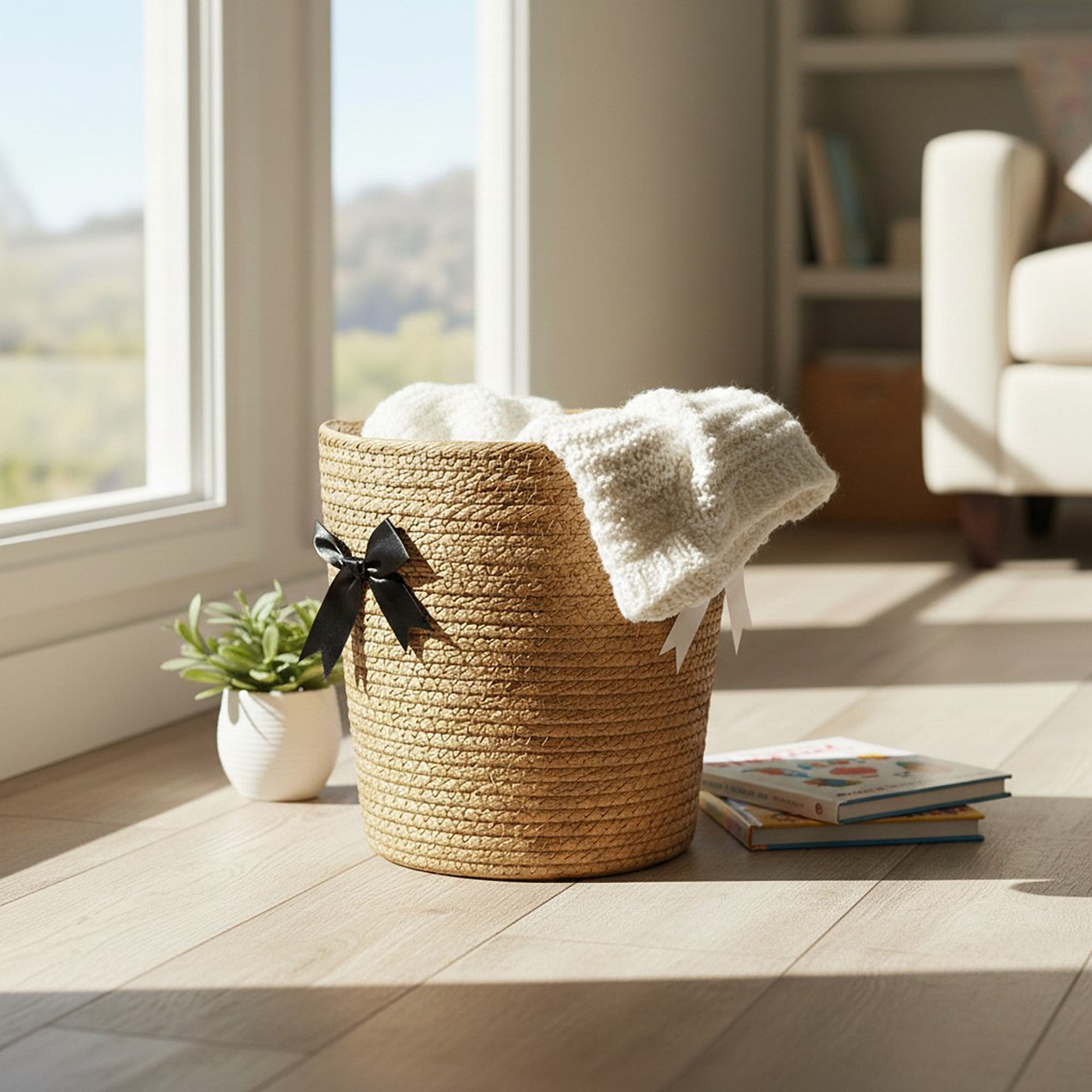 Anna-Kaci Round Storage Basket Decorative Rope Organizer with Bow Accent and Open Top Design